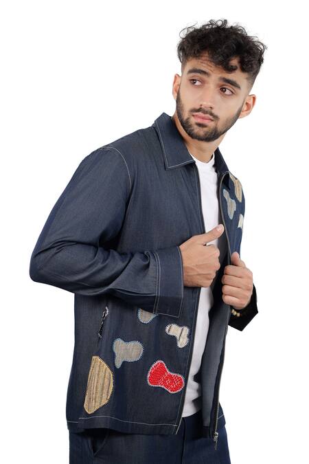 Buy_Raw & Rustic By Niti Bothra_Blue Denim, Tencel Patchwork Dark Grid Zipper Shacket 
