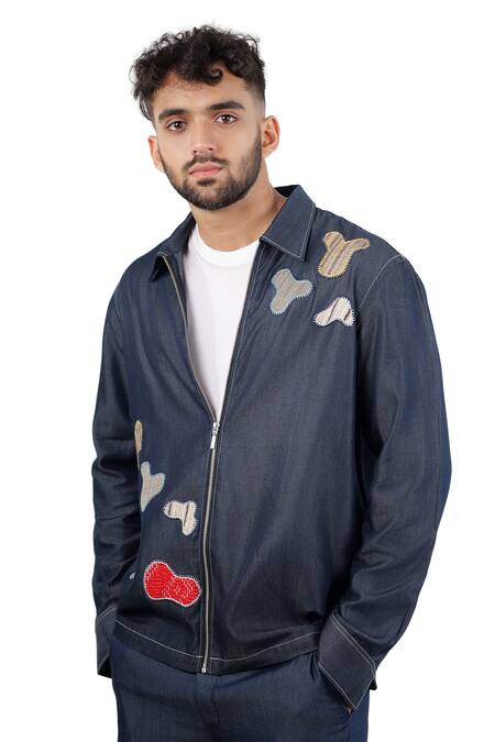Shop_Raw & Rustic By Niti Bothra_Blue Denim, Tencel Patchwork Dark Grid Zipper Shacket 