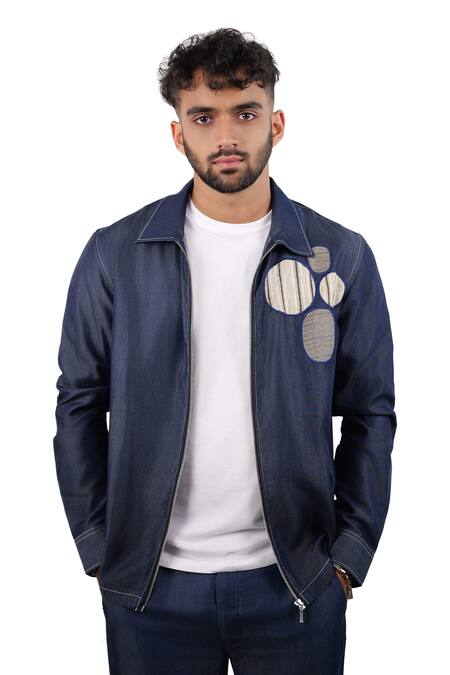 Buy_Raw & Rustic By Niti Bothra_Navy Tencel, Denim Patchwork Dark Blue Urban Nomad Zipper Shacket _Online_at_Aza_Fashions