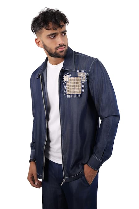 Raw & Rustic By Niti Bothra_Blue Tencel, Denim Patchwork, Embroidery Dark Midnight Mosaic Zipper Shacket _Online_at_Aza_Fashions