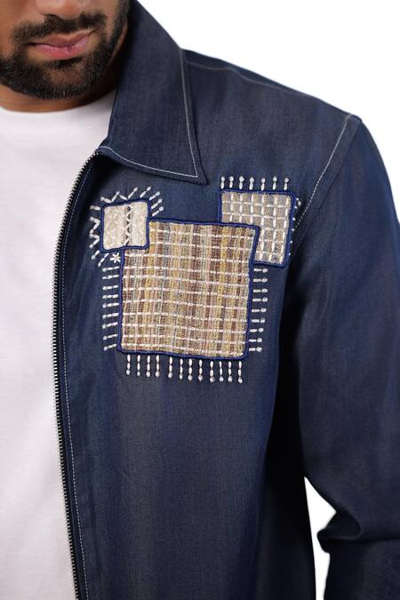Buy_Raw & Rustic By Niti Bothra_Blue Tencel, Denim Patchwork, Embroidery Dark Midnight Mosaic Zipper Shacket _Online_at_Aza_Fashions