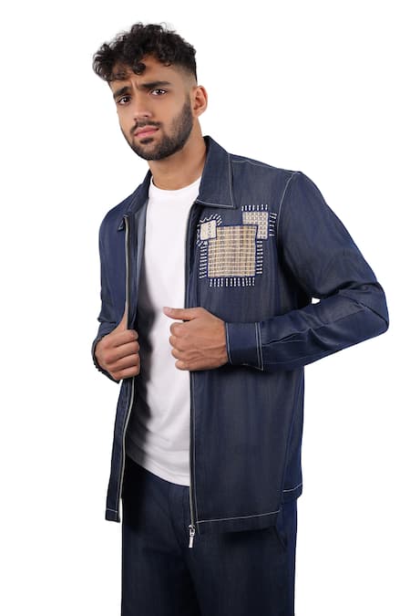 Shop_Raw & Rustic By Niti Bothra_Blue Tencel, Denim Patchwork, Embroidery Dark Midnight Mosaic Zipper Shacket _Online_at_Aza_Fashions