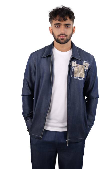 Raw & Rustic By Niti Bothra_Blue Tencel, Denim Patchwork, Embroidery Dark Midnight Mosaic Zipper Shacket _at_Aza_Fashions