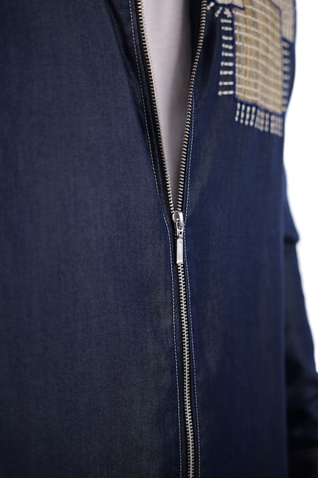Buy_Raw & Rustic By Niti Bothra_Blue Tencel, Denim Patchwork, Embroidery Dark Midnight Mosaic Zipper Shacket 