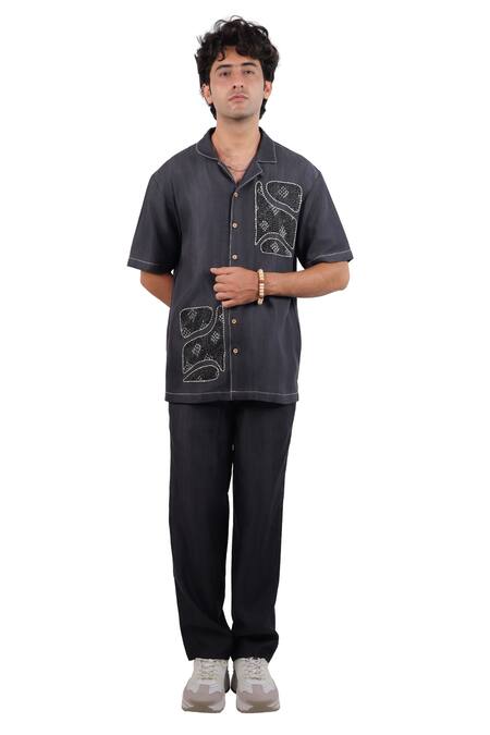 Raw & Rustic By Niti Bothra_Black Tencel, Denim Embroidery, Patchwork Kantha Shirt _Online_at_Aza_Fashions