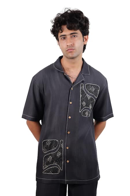 Raw & Rustic By Niti Bothra Black Tencel, Denim Embroidery, Patchwork Kantha Shirt 
