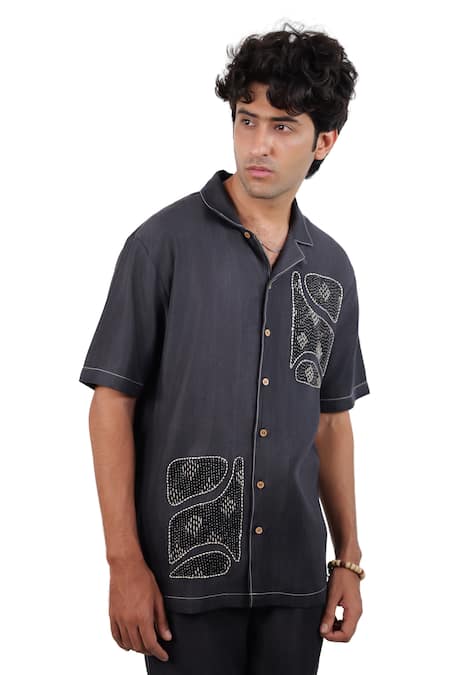 Buy_Raw & Rustic By Niti Bothra_Black Tencel, Denim Embroidery, Patchwork Kantha Shirt _Online_at_Aza_Fashions