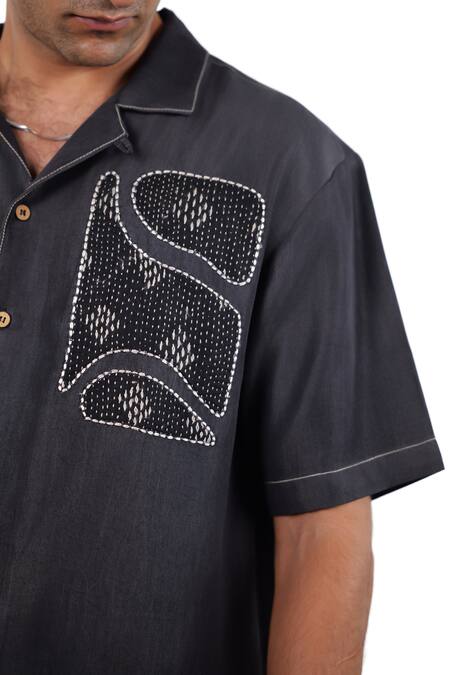 Shop_Raw & Rustic By Niti Bothra_Black Tencel, Denim Embroidery, Patchwork Kantha Shirt _Online_at_Aza_Fashions