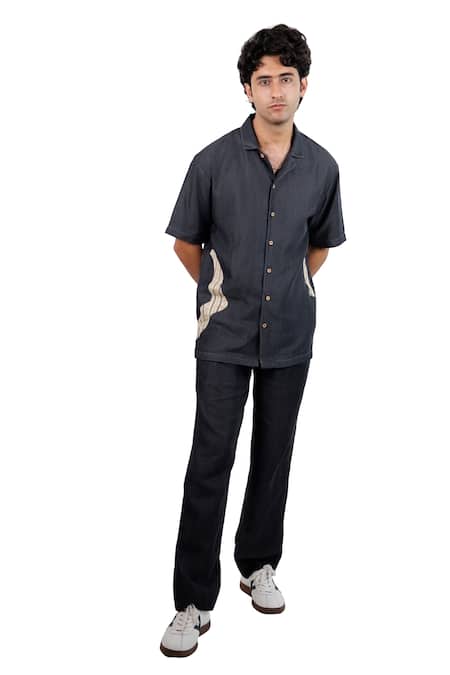 Raw & Rustic By Niti Bothra_Black Tencel, Denim Patchwork Asymmetric Shirt _Online_at_Aza_Fashions