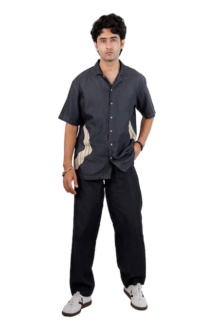 Raw & Rustic By Niti Bothra Black Tencel, Denim Patchwork Asymmetric Shirt 