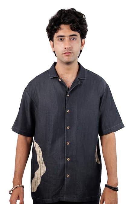 Raw & Rustic By Niti Bothra_Black Tencel, Denim Patchwork Asymmetric Shirt _at_Aza_Fashions