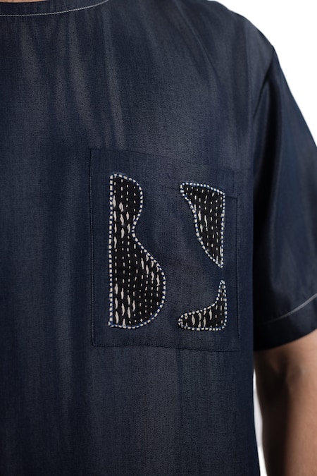 Raw & Rustic By Niti Bothra_Navy Denim, Tencel Embroidery Dark Blue Kantha Patch Pocket T-shirt _Online_at_Aza_Fashions
