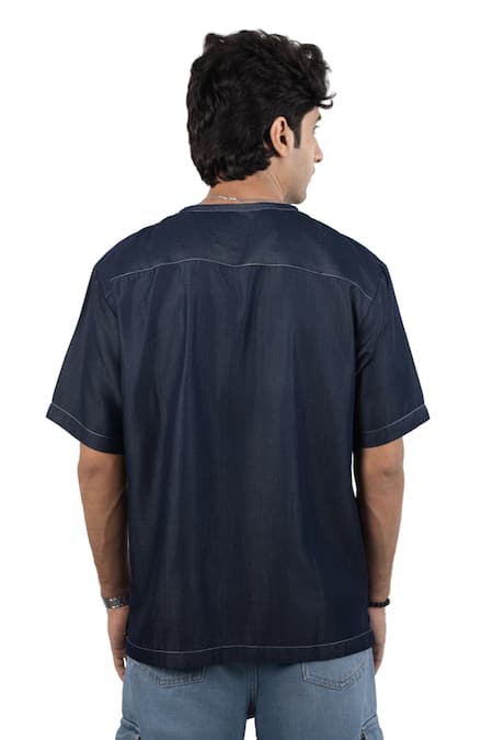 Raw & Rustic By Niti Bothra Dark Blue Denim Kantha Patch Pocket T-Shirt 