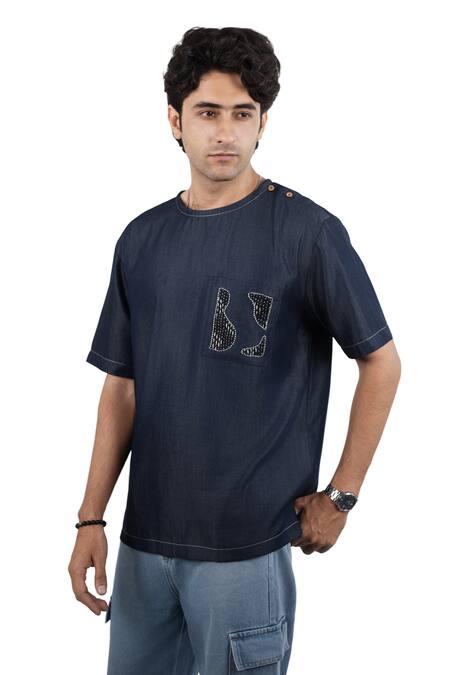 Buy_Raw & Rustic By Niti Bothra_Navy Denim, Tencel Embroidery Dark Blue Kantha Patch Pocket T-shirt _Online_at_Aza_Fashions