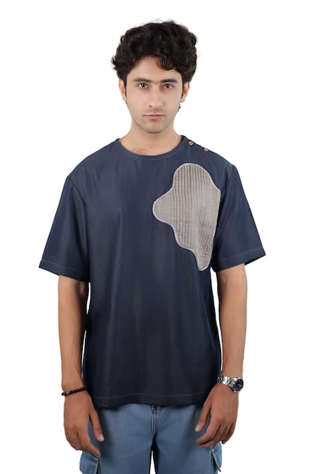 Raw & Rustic By Niti Bothra Navy Denim, Tencel Patchwork Dark Blue Abstract T-shirt 