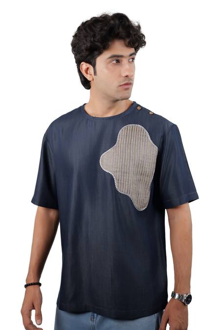 Raw & Rustic By Niti Bothra_Navy Denim, Tencel Patchwork Dark Blue Abstract T-shirt _Online_at_Aza_Fashions