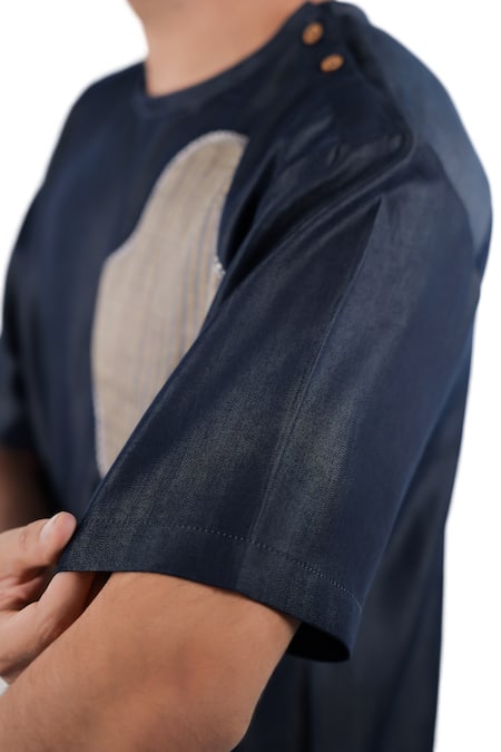 Buy_Raw & Rustic By Niti Bothra_Navy Denim, Tencel Patchwork Dark Blue Abstract T-shirt _Online_at_Aza_Fashions