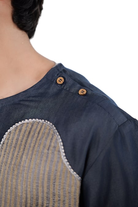 Shop_Raw & Rustic By Niti Bothra_Navy Denim, Tencel Patchwork Dark Blue Abstract T-shirt _Online_at_Aza_Fashions