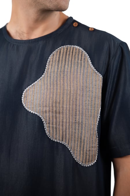 Raw & Rustic By Niti Bothra_Navy Denim, Tencel Patchwork Dark Blue Abstract T-shirt _at_Aza_Fashions