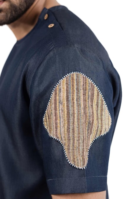 Raw & Rustic By Niti Bothra_Navy Tencel, Denim Patchwork Dark Blue Artisanal T-shirt _Online_at_Aza_Fashions