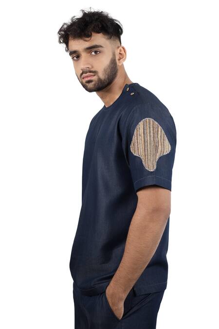 Shop_Raw & Rustic By Niti Bothra_Navy Tencel, Denim Patchwork Dark Blue Artisanal T-shirt _Online_at_Aza_Fashions