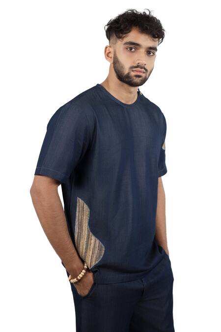 Raw & Rustic By Niti Bothra_Navy Tencel, Denim Patchwork Dark Blue Artisanal T-shirt _at_Aza_Fashions