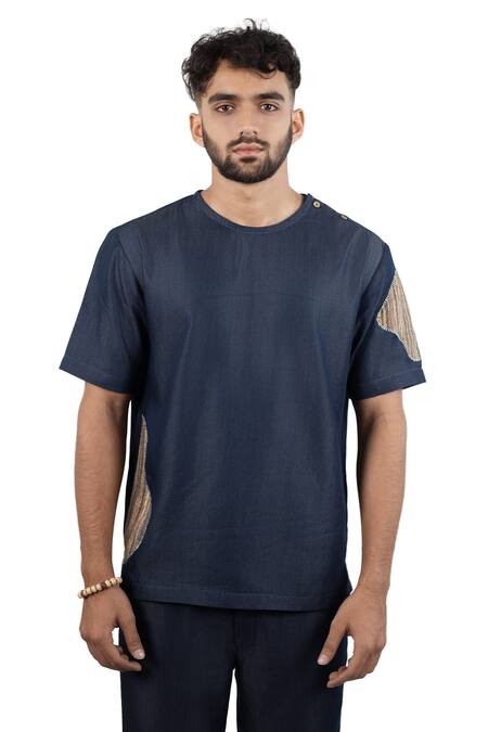 Buy_Raw & Rustic By Niti Bothra_Navy Tencel, Denim Patchwork Dark Blue Artisanal T-shirt 