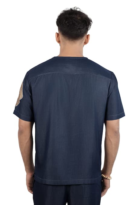 Raw & Rustic By Niti Bothra Dark Blue Denim Artisanal Patchwork T-Shirt 