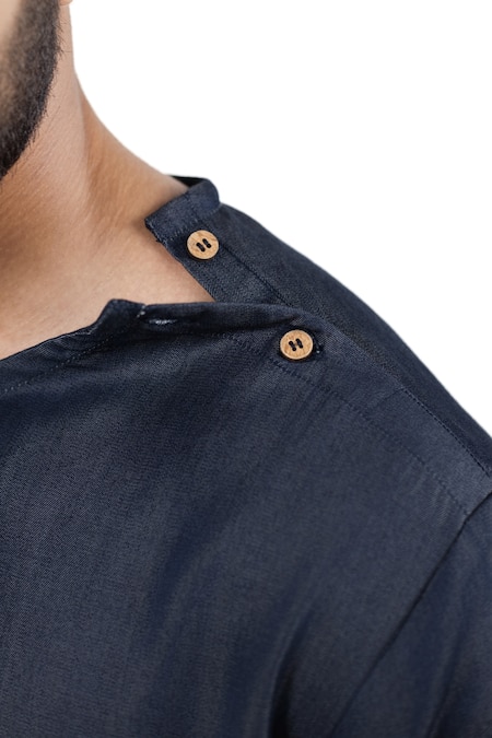 Shop_Raw & Rustic By Niti Bothra_Navy Tencel, Denim Patchwork Dark Blue Artisanal T-shirt 