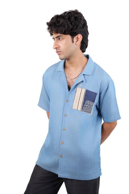 Raw & Rustic By Niti Bothra_Sky Blue Tencel, Denim Patchwork, Embroidery Light Abstract Kantha Shirt _Online_at_Aza_Fashions