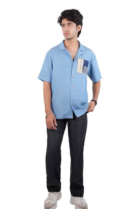 Buy_Raw & Rustic By Niti Bothra_Sky Blue Tencel, Denim Patchwork, Embroidery Light Abstract Kantha Shirt _Online_at_Aza_Fashions