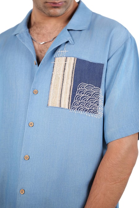 Shop_Raw & Rustic By Niti Bothra_Sky Blue Tencel, Denim Patchwork, Embroidery Light Abstract Kantha Shirt _Online_at_Aza_Fashions