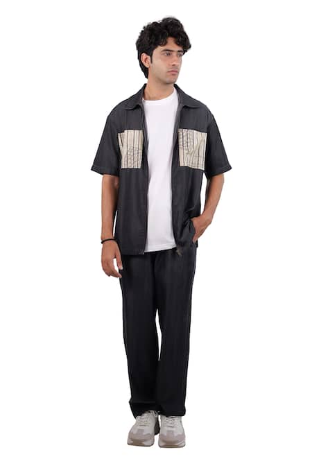 Raw & Rustic By Niti Bothra_Black Tencel, Denim Patchwork, Embroidery Cloud Zipper Shirt _Online_at_Aza_Fashions