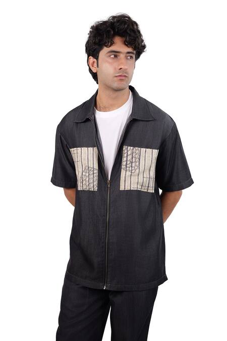 Buy_Raw & Rustic By Niti Bothra_Black Tencel, Denim Patchwork, Embroidery Cloud Zipper Shirt _Online_at_Aza_Fashions