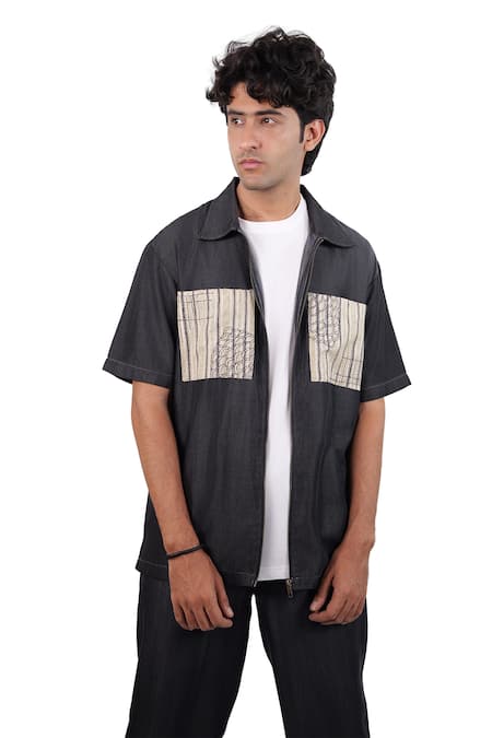 Raw & Rustic By Niti Bothra Black Tencel, Denim Patchwork, Embroidery Cloud Zipper Shirt 