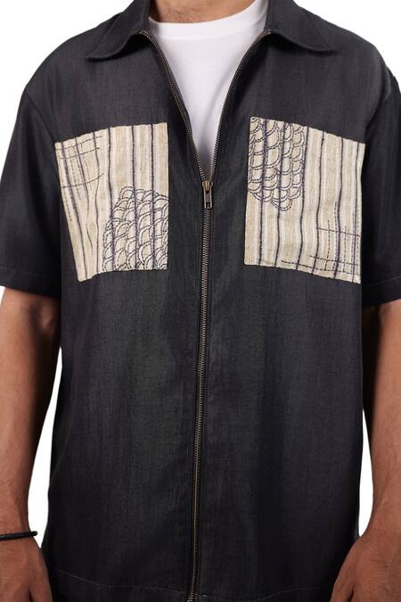 Raw & Rustic By Niti Bothra_Black Tencel, Denim Patchwork, Embroidery Cloud Zipper Shirt _at_Aza_Fashions