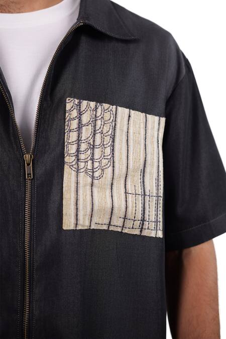 Shop_Raw & Rustic By Niti Bothra_Black Tencel, Denim Patchwork, Embroidery Cloud Zipper Shirt 