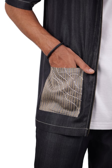 Shop_Raw & Rustic By Niti Bothra_Black Tencel, Denim Patchwork, Embroidery Urban Wind Zipper Shirt _Online_at_Aza_Fashions