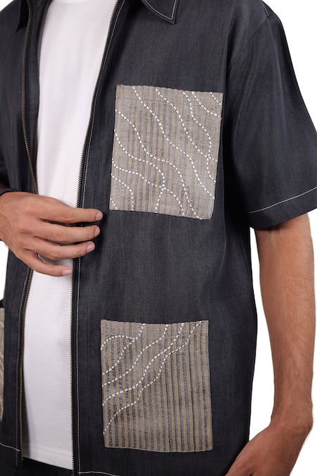 Buy_Raw & Rustic By Niti Bothra_Black Tencel, Denim Patchwork, Embroidery Urban Wind Zipper Shirt 