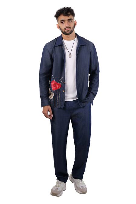Raw & Rustic By Niti Bothra_Navy Tencel, Denim Patchwork, Embroidery Dark Blue Rust Panel Shacket _Online_at_Aza_Fashions