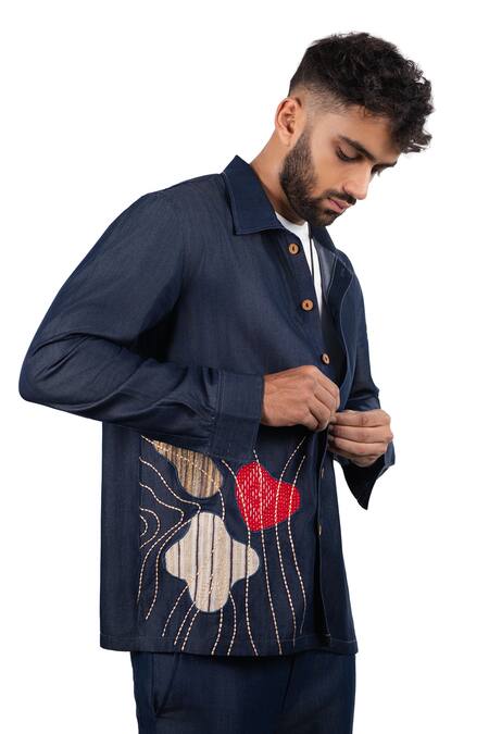 Buy_Raw & Rustic By Niti Bothra_Navy Tencel, Denim Patchwork, Embroidery Dark Blue Rust Panel Shacket _Online_at_Aza_Fashions