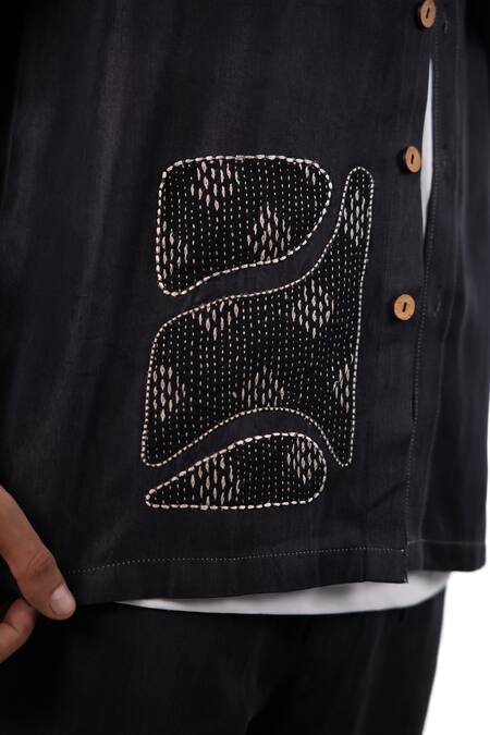 Raw & Rustic By Niti Bothra Black Tencel, Denim Embroidery, Patchwork Kantha Shacket Online at Aza Fashions Raw & Rustic By Niti Bothra_Black Tencel, Denim Embroidery, Patchwork Kantha Shacket _Online_at_Aza_Fashions