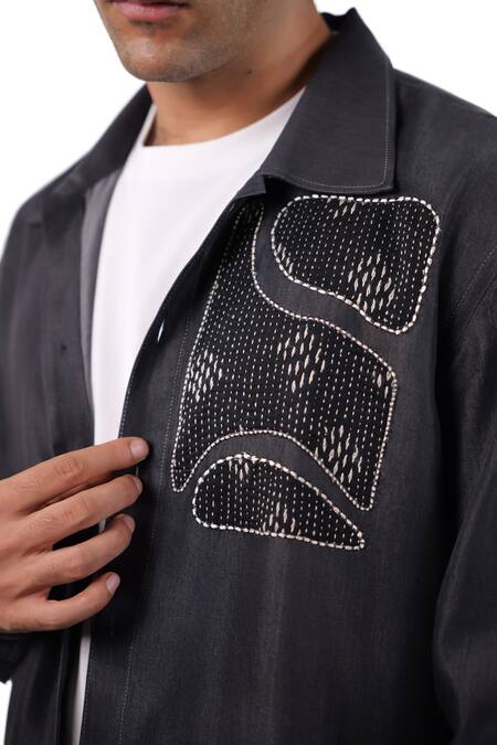 Buy Raw & Rustic By Niti Bothra Black Tencel, Denim Embroidery, Patchwork Kantha Shacket Online at Aza Fashions Buy_Raw & Rustic By Niti Bothra_Black Tencel, Denim Embroidery, Patchwork Kantha Shacket _Online_at_Aza_Fashions