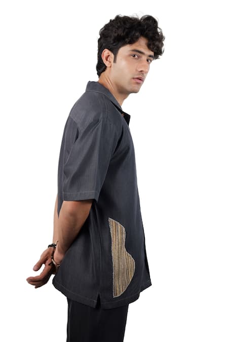 Buy_Raw & Rustic By Niti Bothra_Black Tencel, Denim Patchwork Artisanal Shirt _Online_at_Aza_Fashions