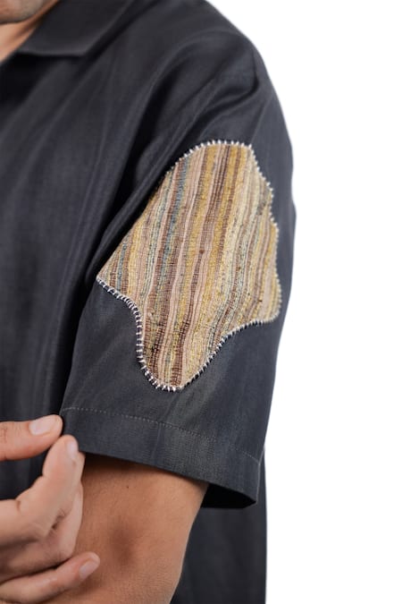Shop_Raw & Rustic By Niti Bothra_Black Tencel, Denim Patchwork Artisanal Shirt _Online_at_Aza_Fashions