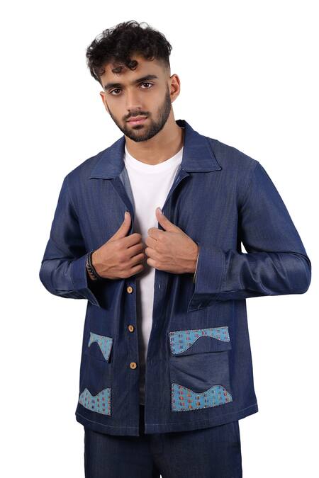 Raw & Rustic By Niti Bothra Blue Tencel, Denim Patchwork Dark River Flow Shacket Online at Aza Fashions Raw & Rustic By Niti Bothra_Blue Tencel, Denim Patchwork Dark River Flow Shacket _Online_at_Aza_Fashions
