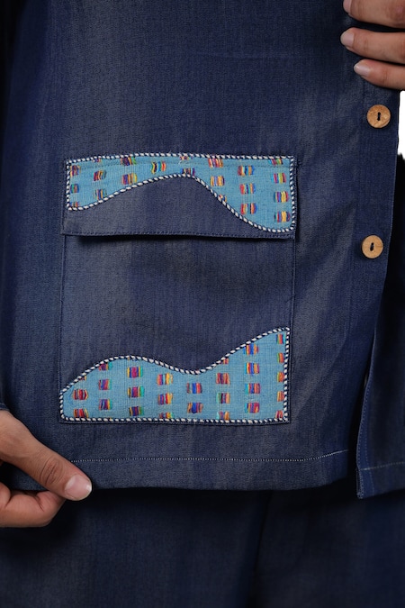 Shop Raw & Rustic By Niti Bothra Blue Tencel, Denim Patchwork Dark River Flow Shacket Online at Aza Fashions Shop_Raw & Rustic By Niti Bothra_Blue Tencel, Denim Patchwork Dark River Flow Shacket _Online_at_Aza_Fashions