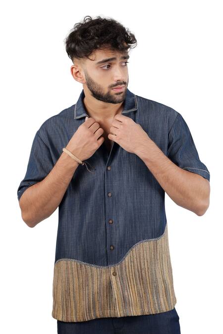 Raw & Rustic By Niti Bothra_Navy Tencel, Denim Patchwork Dark Blue Urban Shirt _Online_at_Aza_Fashions