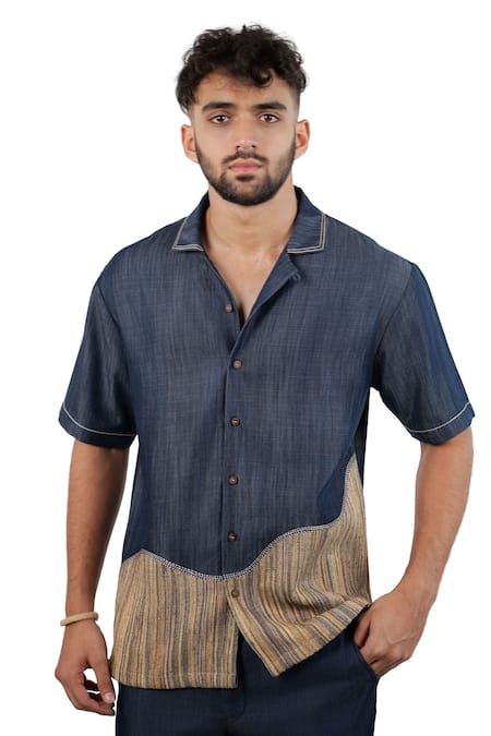 Raw & Rustic By Niti Bothra Navy Tencel, Denim Patchwork Dark Blue Urban Shirt 
