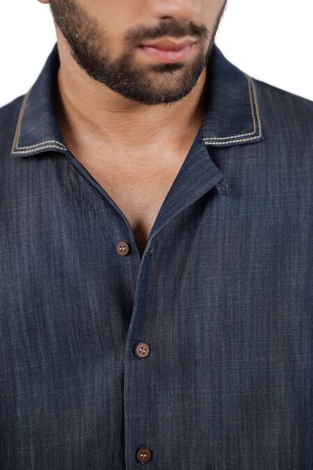 Shop_Raw & Rustic By Niti Bothra_Navy Tencel, Denim Patchwork Dark Blue Urban Shirt _Online_at_Aza_Fashions